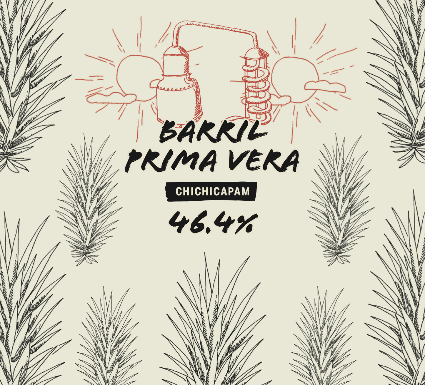 Bottle label for 'Barril Prima Vera' with illustrations of a pot still and agave on a beige background.