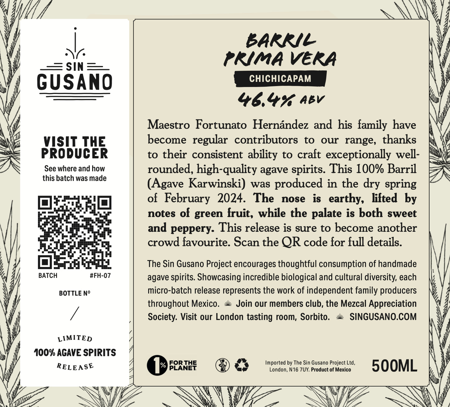 Bottle label for Sin Gusano Barril Prima Vera with text and branding details.