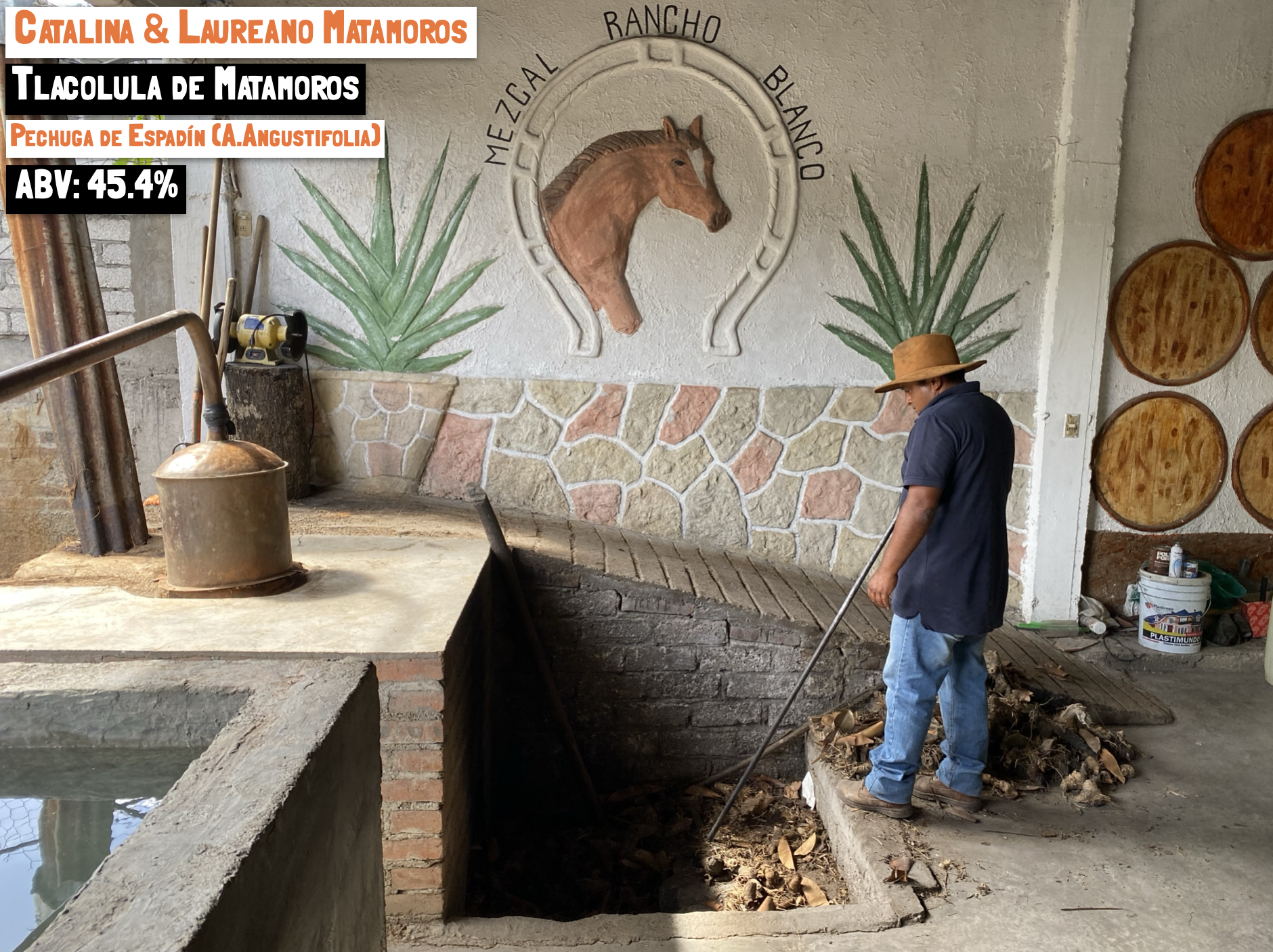 adding wood to a woodfire heating a copper pot still for mezcal