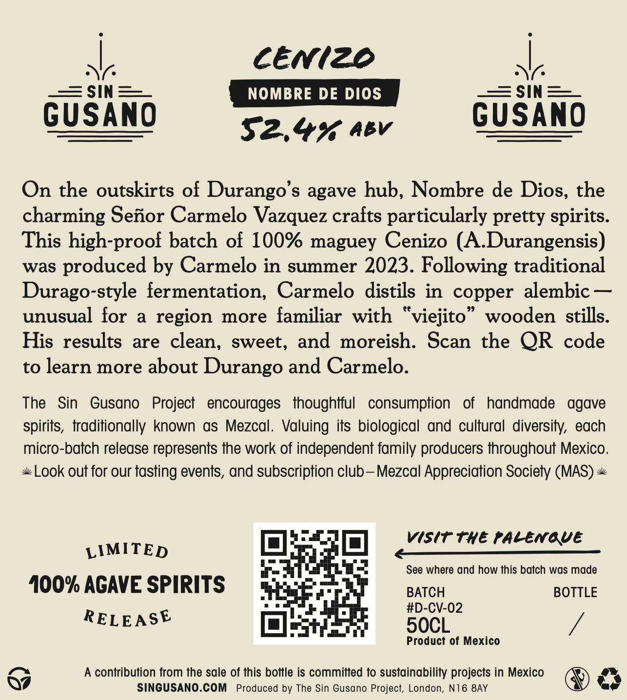 Product label for Sin Gusano Cenizo Nombre de Dios meqaye with text and QR code.