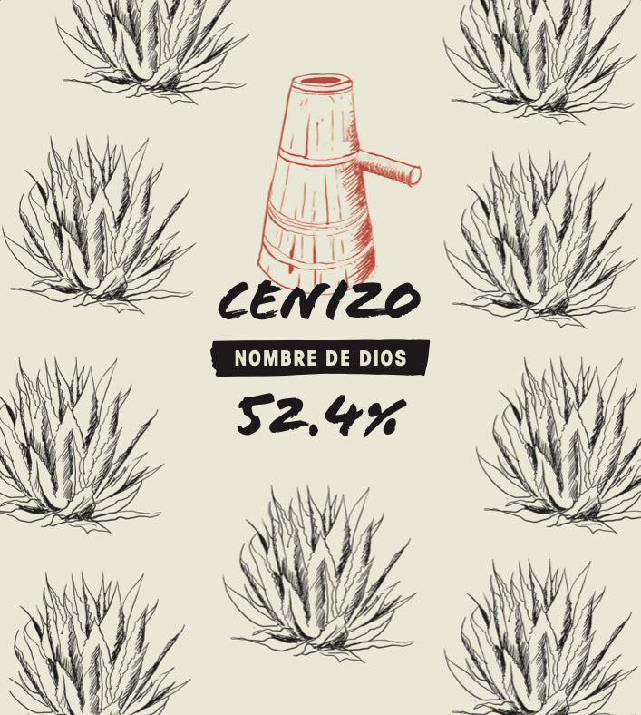 Design with agave plants and a red mezcal bottle labeled 'Cénizo Nombre de Dios' on a beige background.
