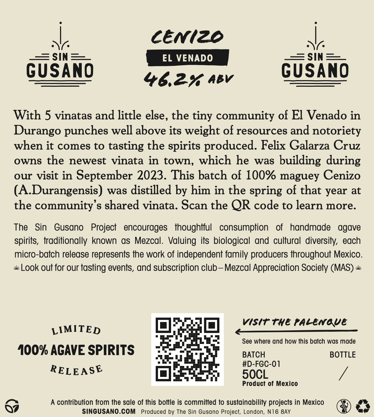 Product label for Sin Gusano Cenizo El Venado agave spirits with text and QR code.
