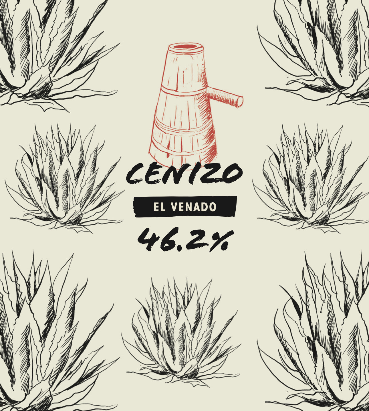 Illustrations of agave plants with a bottle and 'Cenizo El Venado' text on a beige background