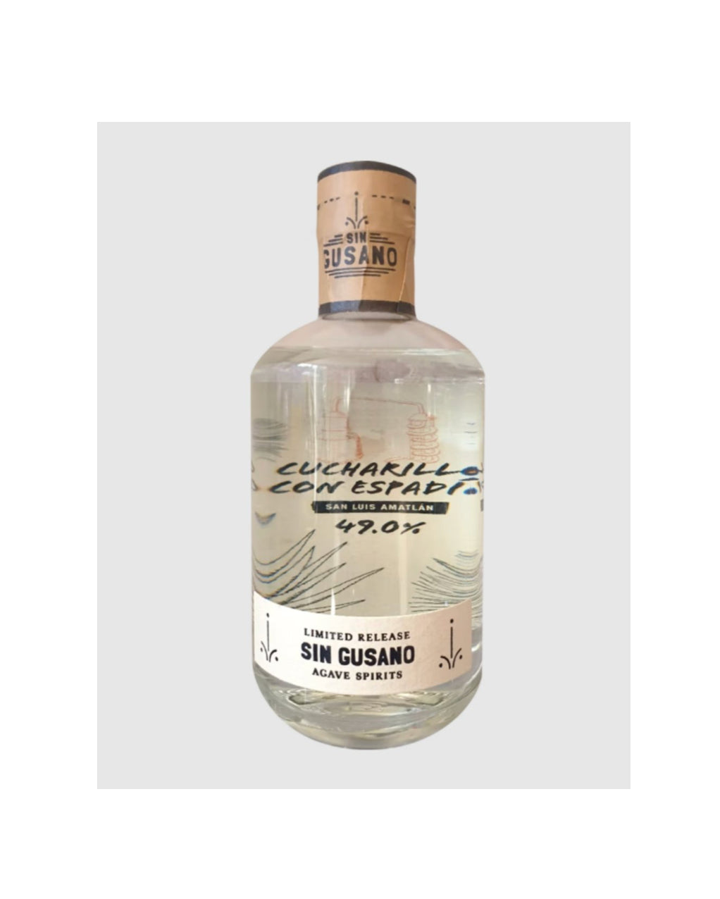 Bottle of Sin Gusano agave spirit on a light gray background