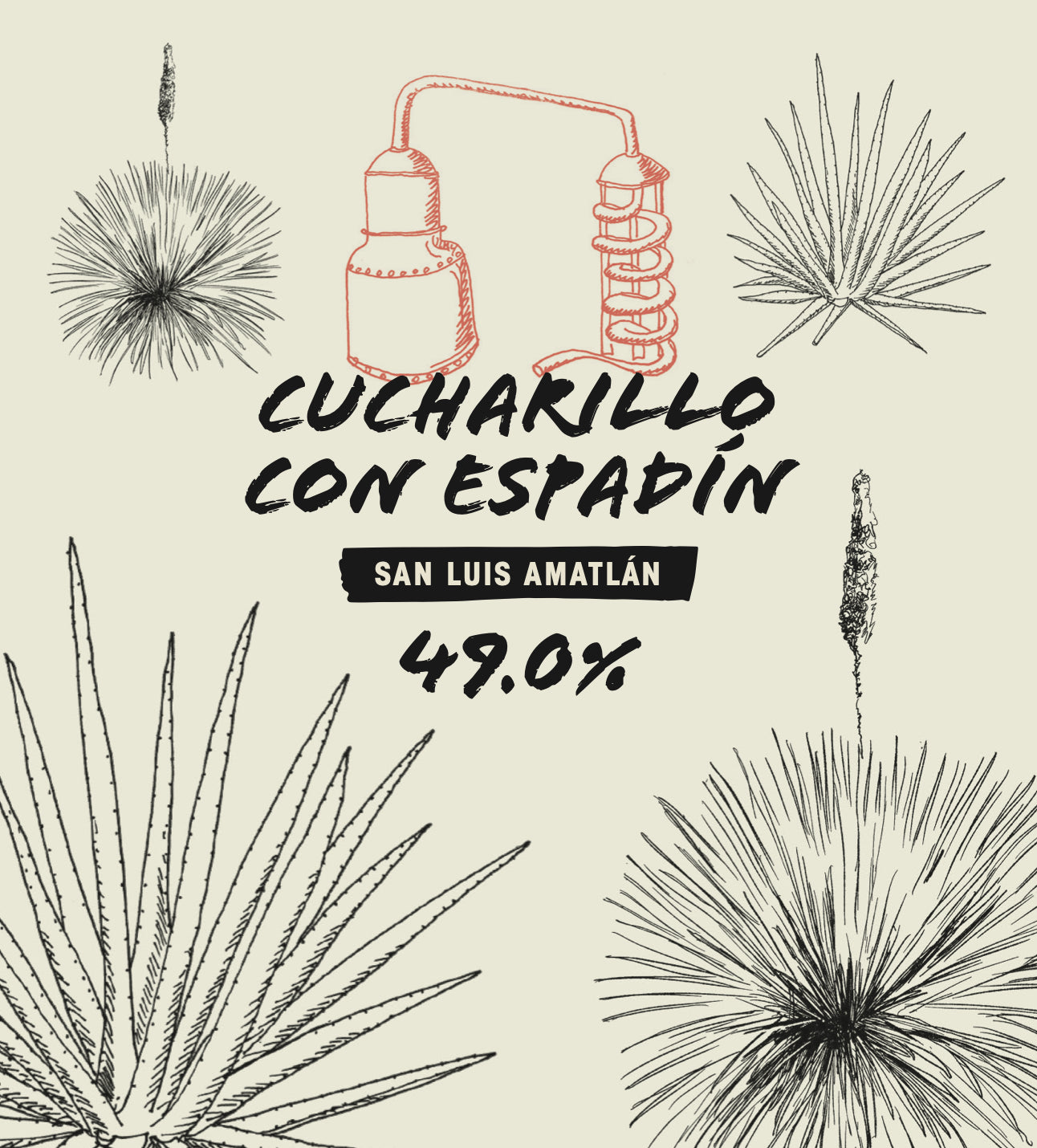 Illustration of a traditional tool with text 'Cucharillo con Espadón' and 'San Luis Amatlón' surrounded by agave illustrations on a beige background.