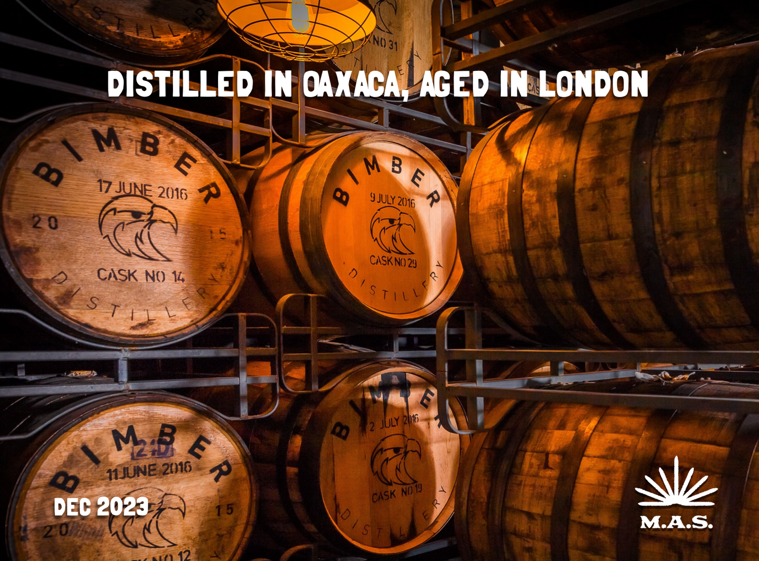 Bimber distillery barrels, this is a poster for the Mezcal Appreciation Society library for December 2023