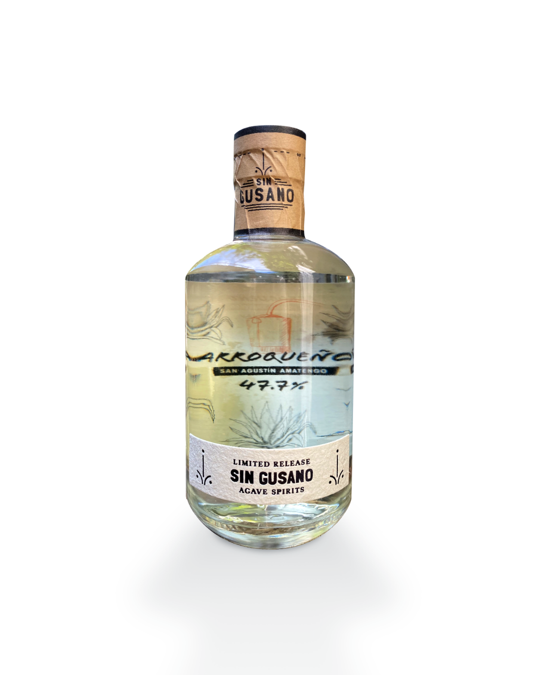 a bottle of the Arroqueno mezcal exclusively bottled for the Sin Gusano project
