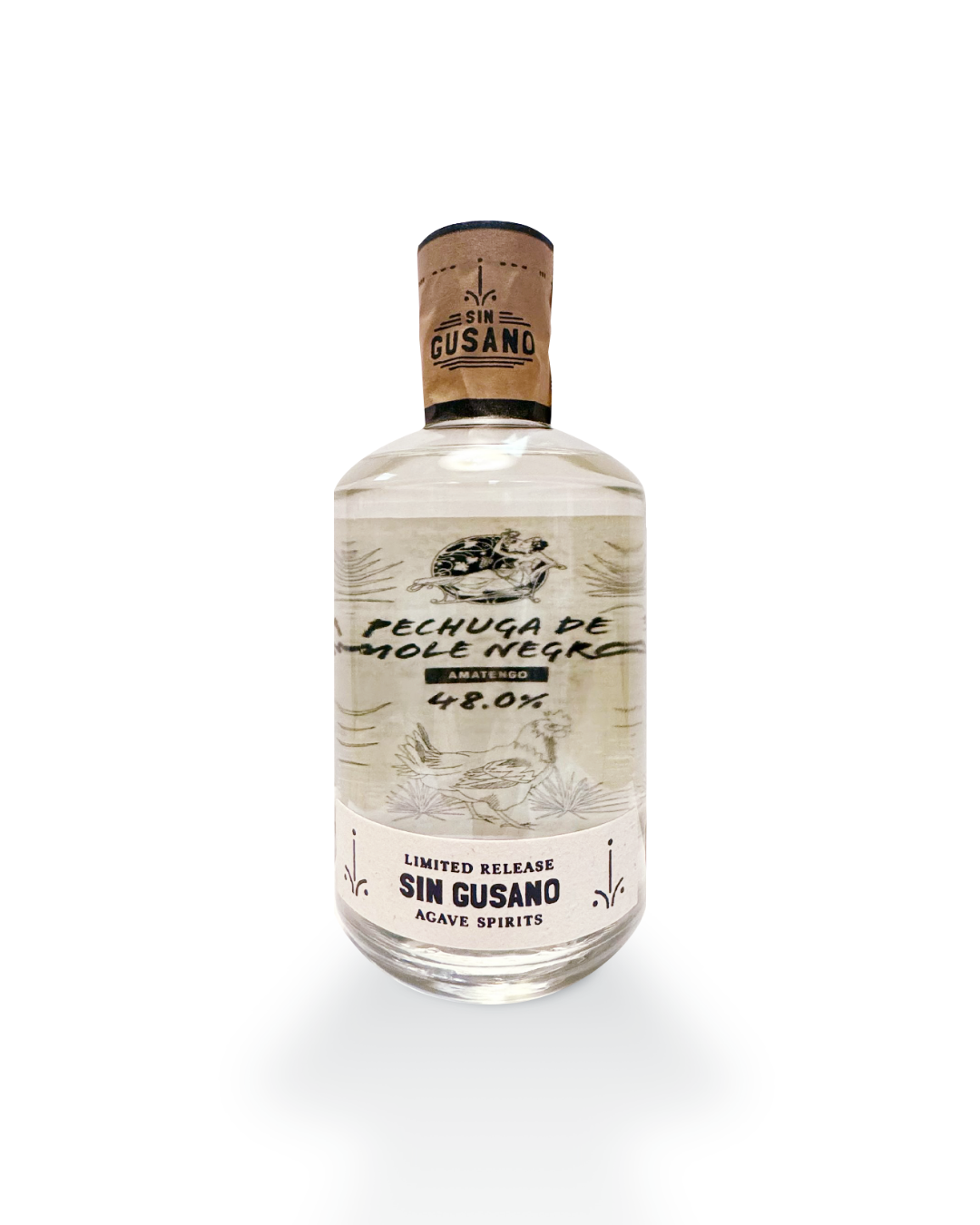 A bottle of Pechuga de mole negro mezcal exclusively produced for the Sin Gusano project