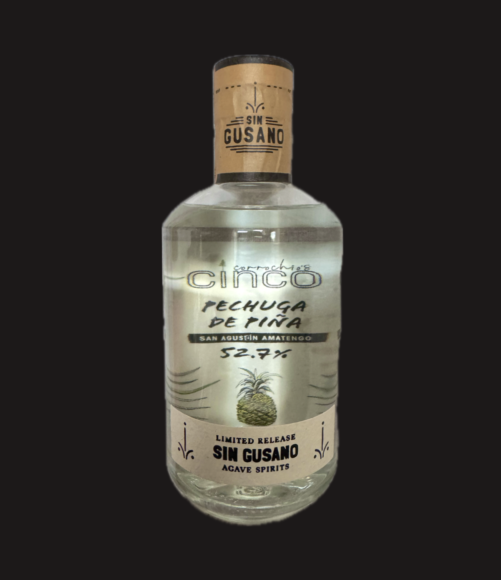 A bottle of the Pechuga de Pina mezcal. A limited release bottle for the Sin Gusano project