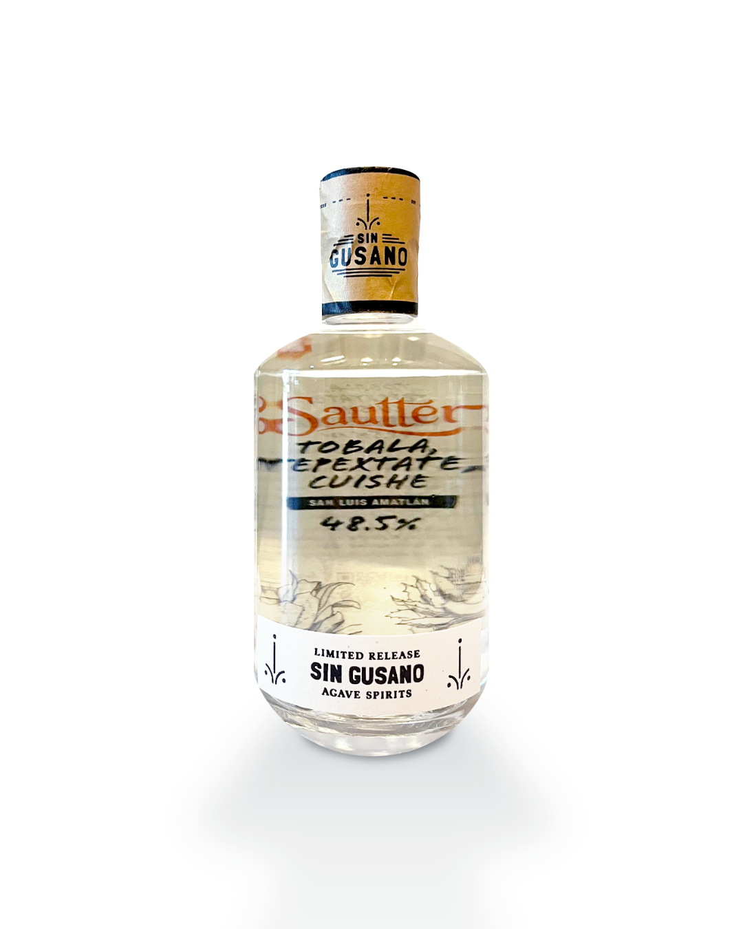 A bottle of the Tobala Tepextate Cuishe mezcal made for the Sin Gusano project in collaboration with Sautter cigars