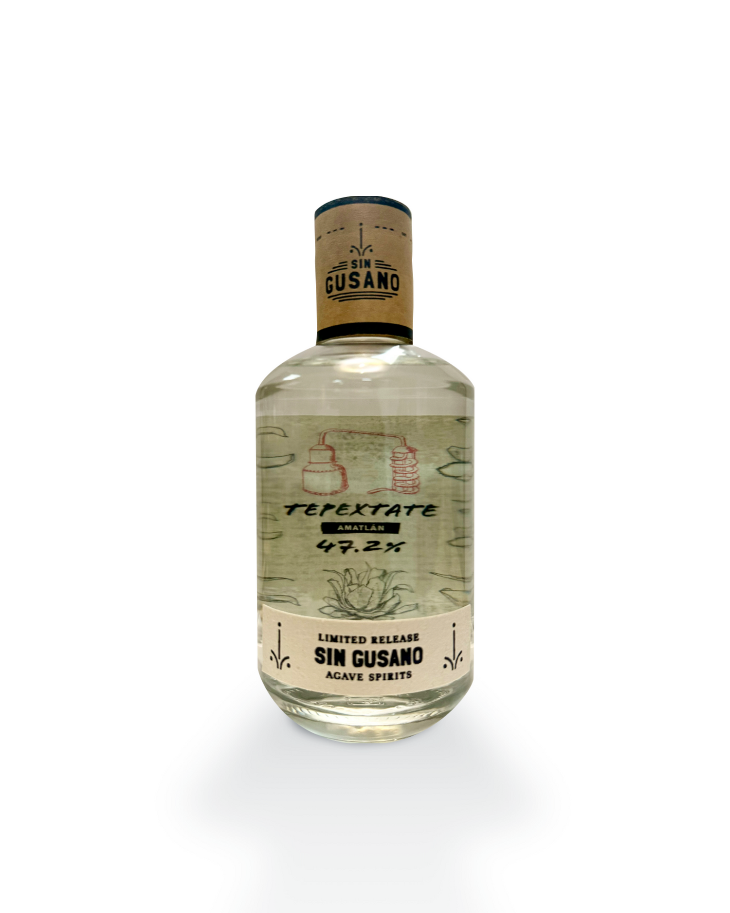 A bottle of the Tepextate mezcal exclusively bottled for limited release by the Sin Gusano project
