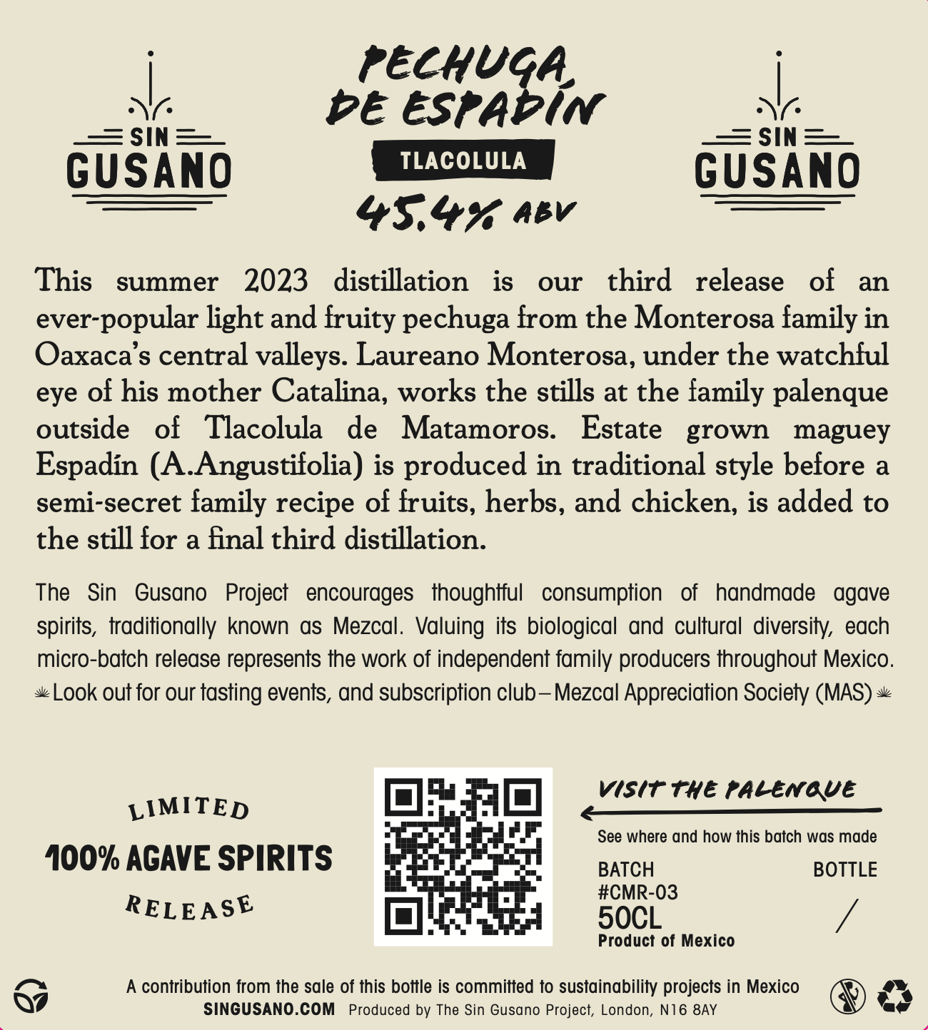 back of bottle label for the Pechuga - Tlacolula small batch Mescal available exclusively at Sin Gusano