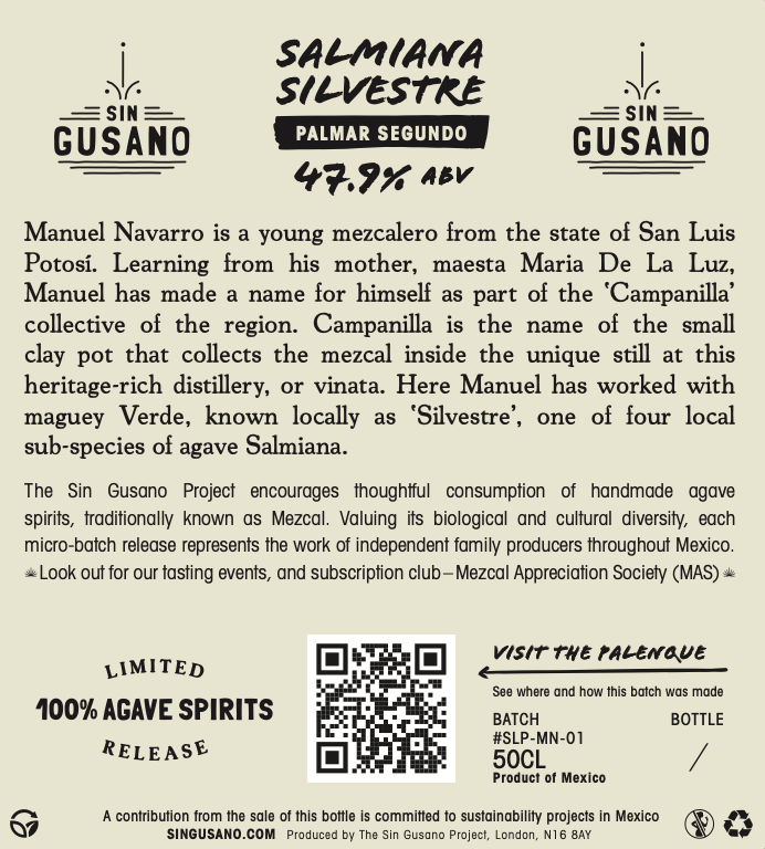 information label for the Salmiana Silvestre - Palmar Segundo, San Luis Potosí. Small batch Mezcal exclusively available at Sin Gusano
