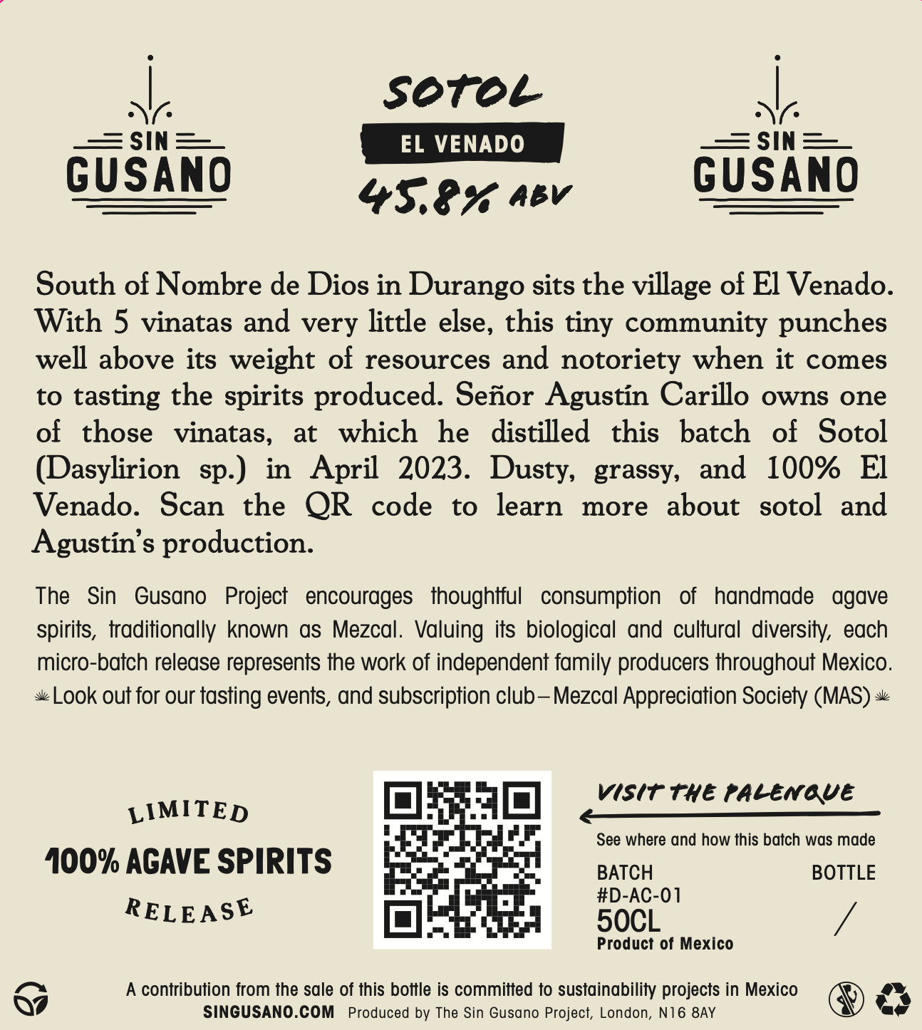 information label for the Sotol - El Venado small batch mezcal exclusively available at Sin Gusano