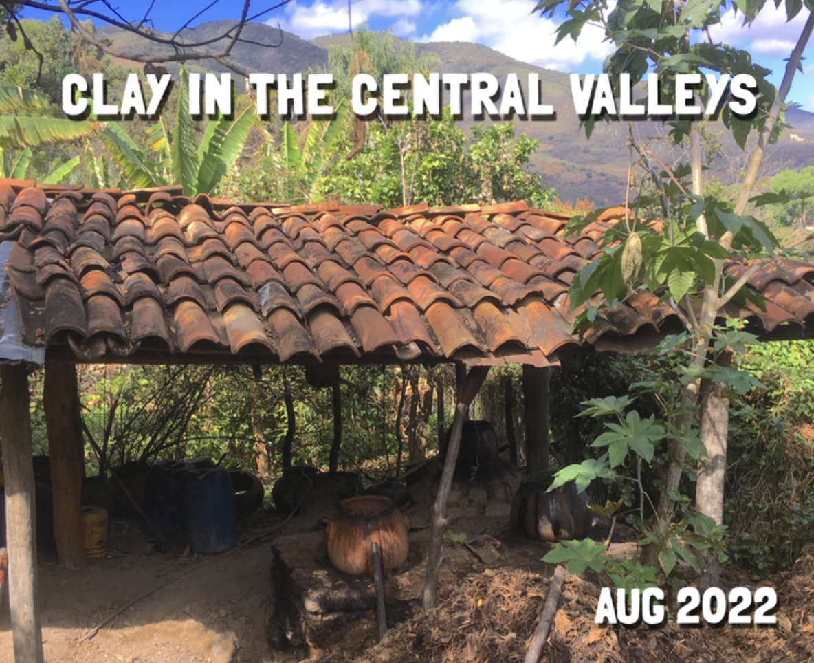 A clay roof sheltering a small mezcal distillery. This is a poster for the August 2022 edition of the Mezcal Appreciation Society, part of the Sin Gusano project