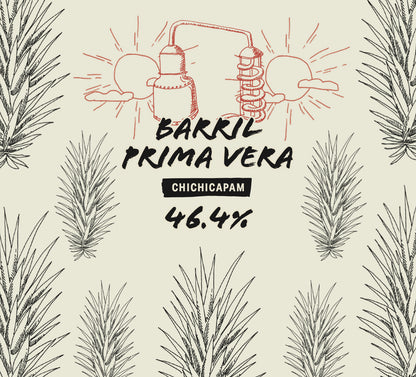 Bottle label for 'Barril Prima Vera' with illustrations of a pot still and agave on a beige background.