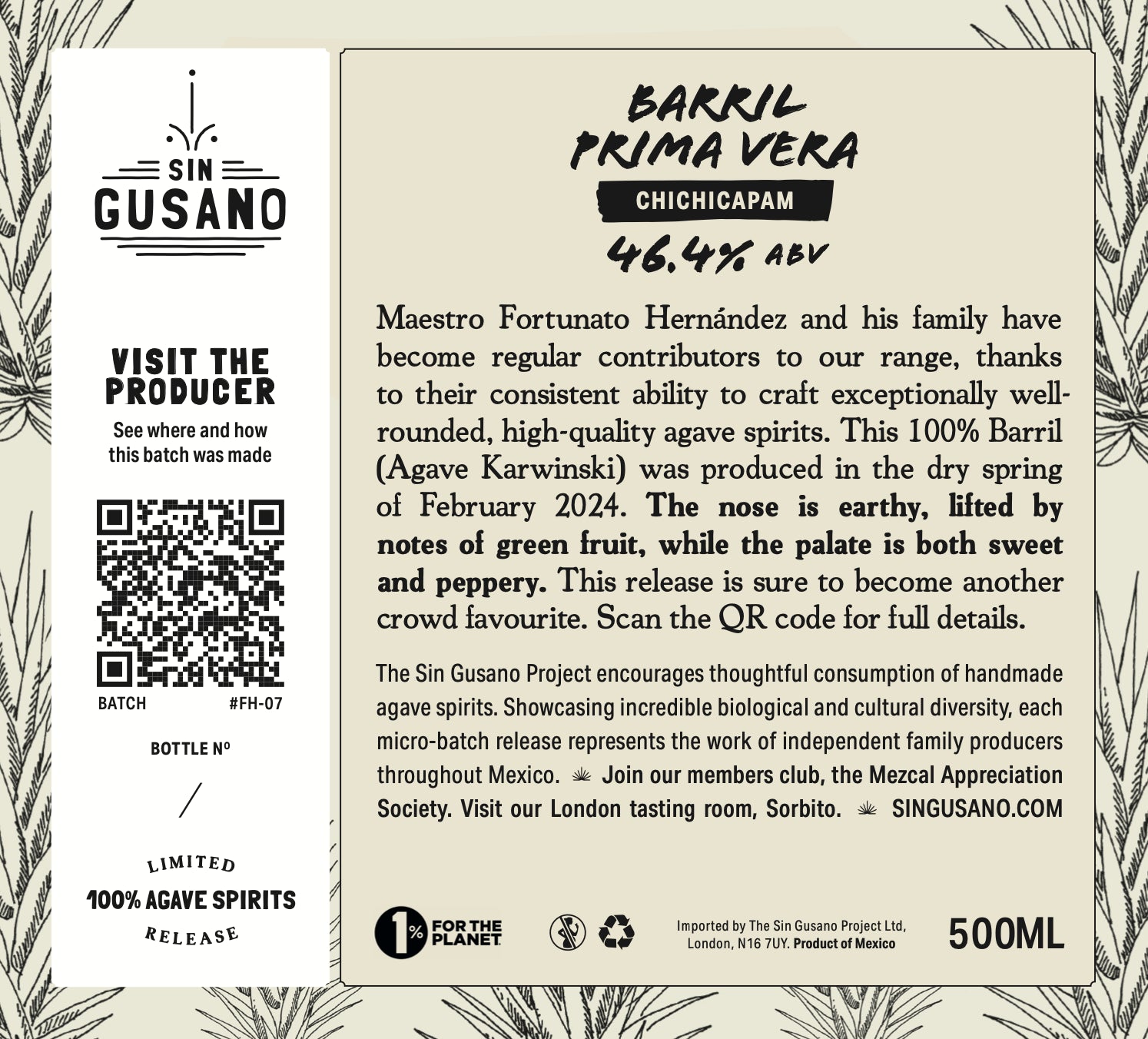 Bottle label for Sin Gusano Barril Prima Vera with text and branding details.