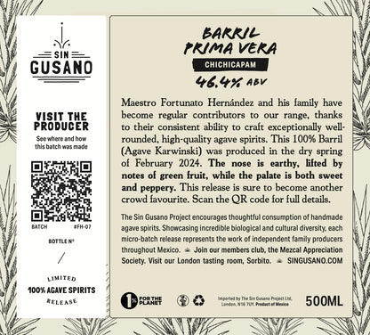 Bottle label for Sin Gusano Barril Prima Vera with text and branding details.