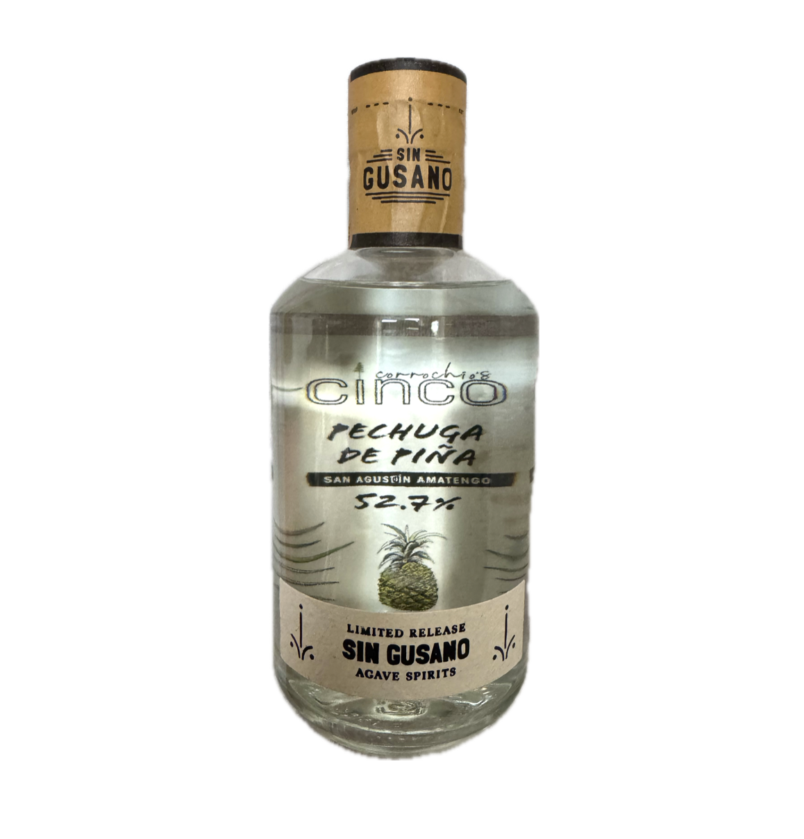 A bottle of the Pechuga de Pina mezcal a limited release bottle by Sin Gusano in collaboration with Cinco