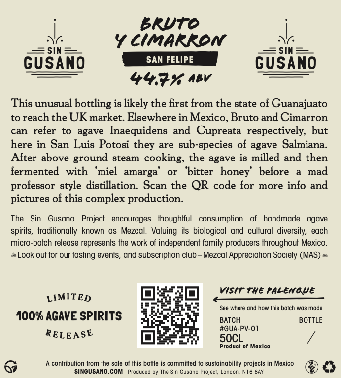 information for the Bruto y Cimarron - San Felipe, Guanajuato small batch Mezcal exclusively available at Sin Gusano