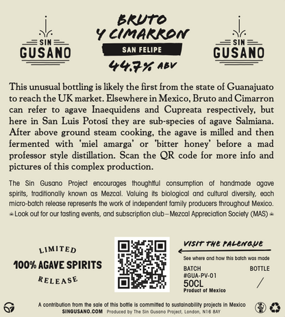 information for the Bruto y Cimarron - San Felipe, Guanajuato small batch Mezcal exclusively available at Sin Gusano