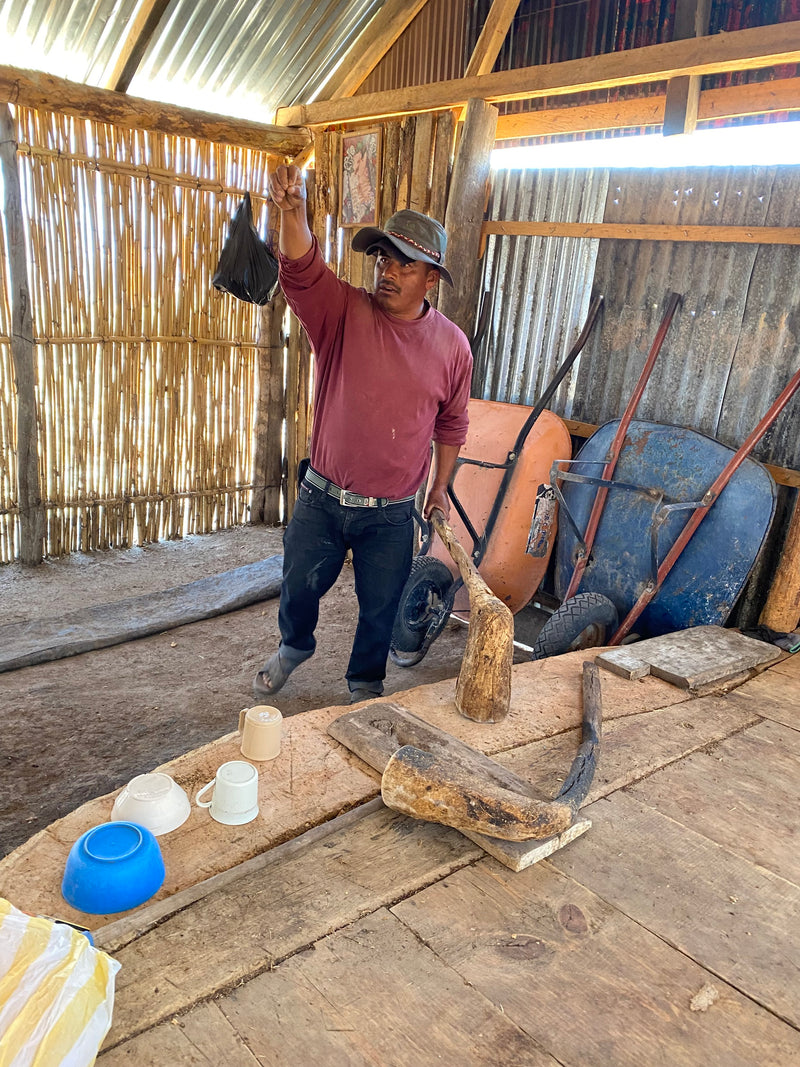 the piñas were crushed entirely by hand using wooden mallets on a wooden mashing table
