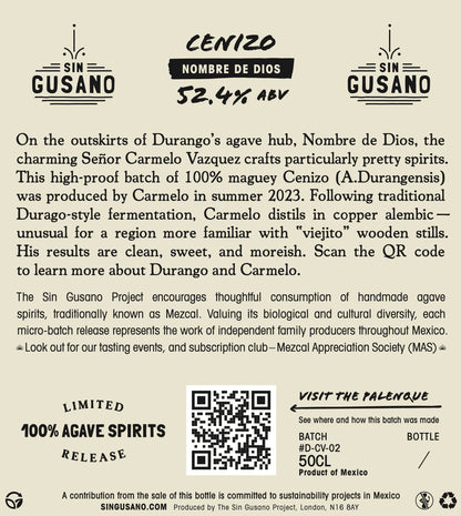 Product label for Sin Gusano Cenizo Nombre de Dios meqaye with text and QR code.