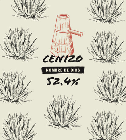 Design with agave plants and a red mezcal bottle labeled 'Cénizo Nombre de Dios' on a beige background.
