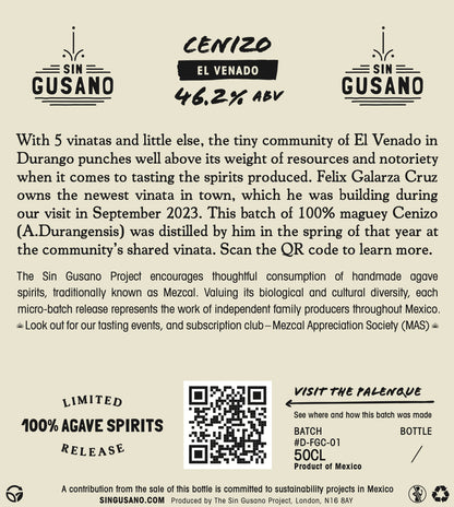 Product label for Sin Gusano Cenizo El Venado agave spirits with text and QR code.