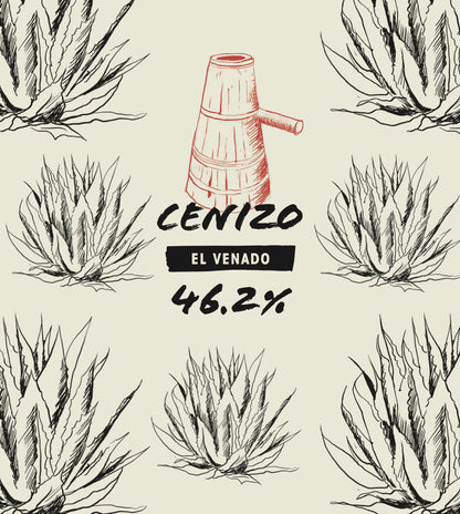 Illustrations of agave plants with a bottle and 'Cenizo El Venado' text on a beige background