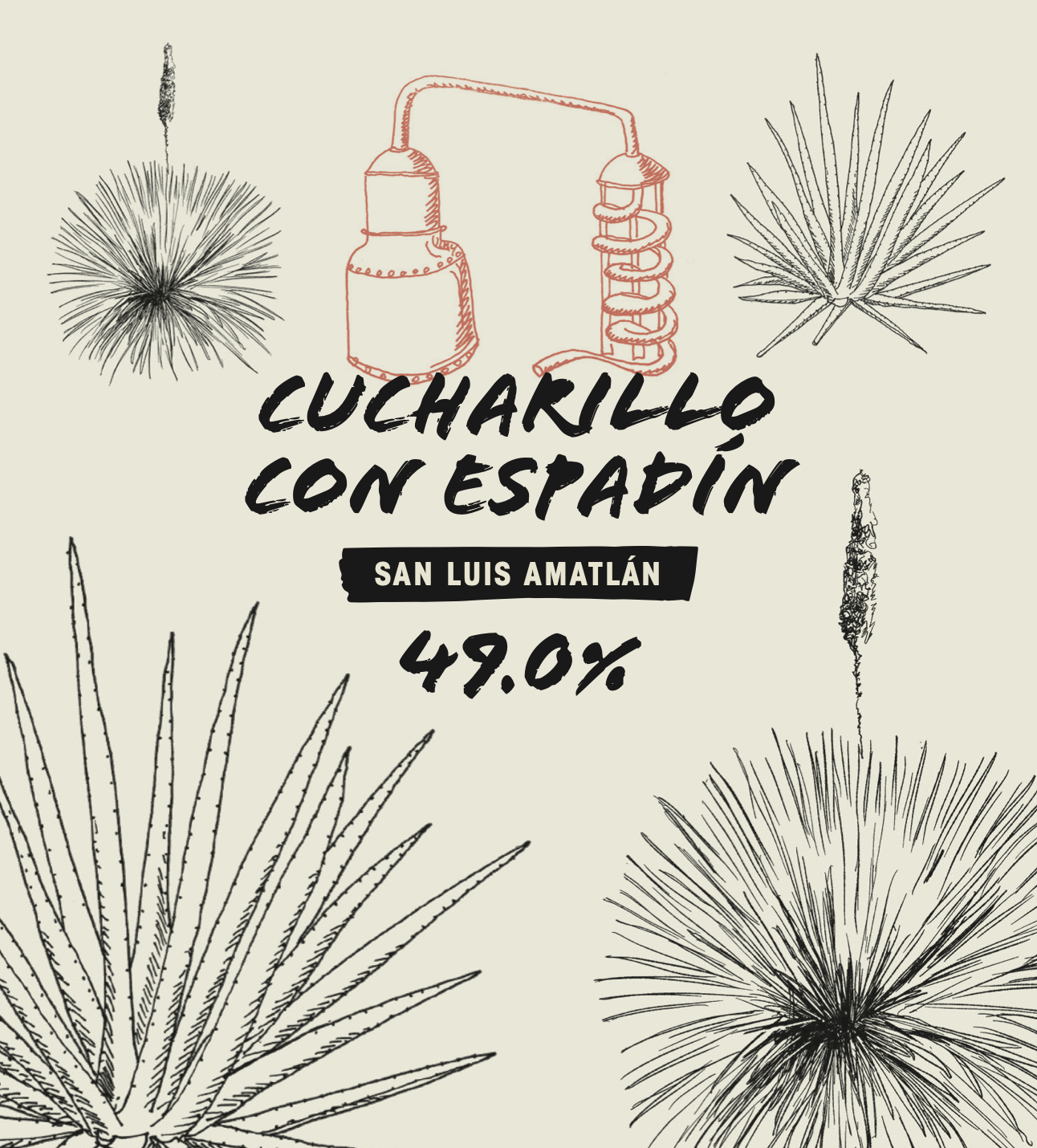 Front label for the Cucharillo con Espadín - Amatlán Mezcal. Limited bottling available at Sin Gusano