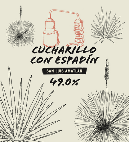 Front label for the Cucharillo con Espadín - Amatlán Mezcal. Limited bottling available at Sin Gusano