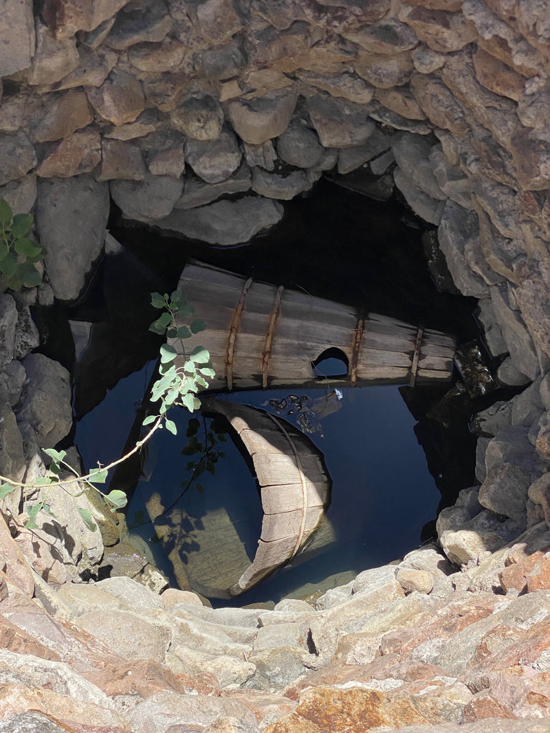 A wooden condensing chamber used for the production of mezcal, kept in water when not in use so it doesn't dry out 
