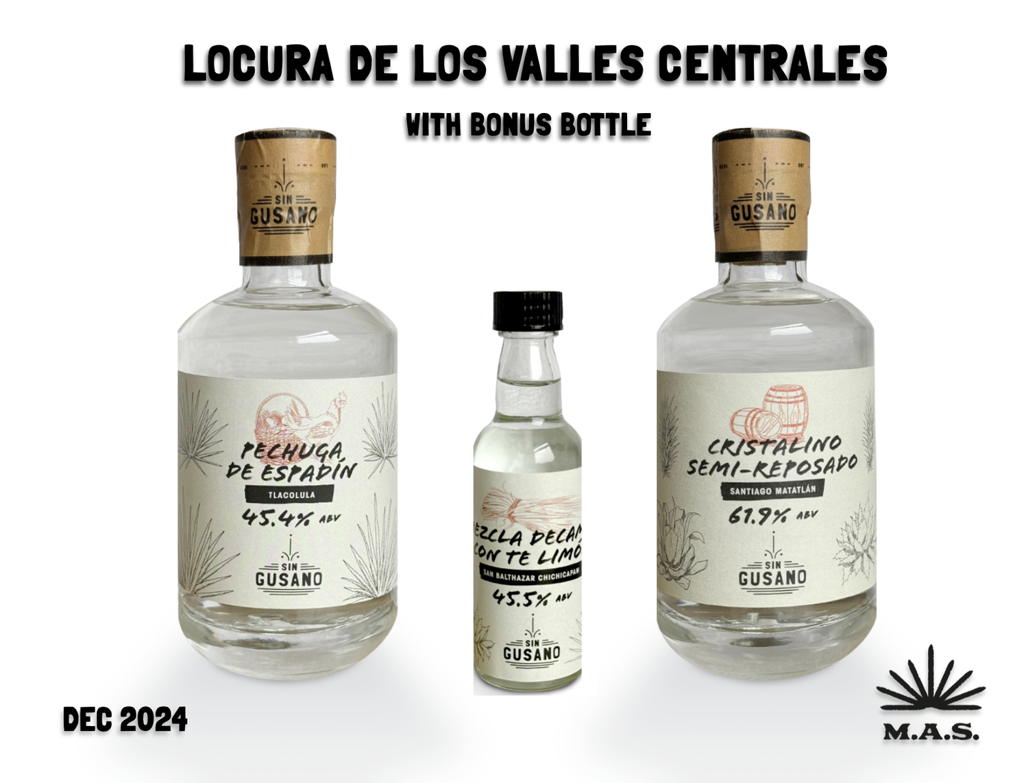 Three bottles of mezcal for the poster of the December 2024 edition of the Mezcal Library 