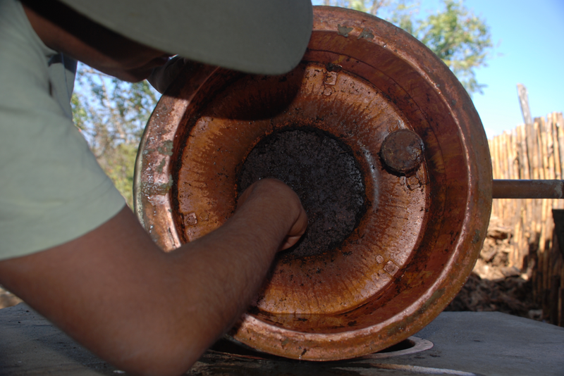 Looking up into the cooling chamber and its plate used for making mezcal