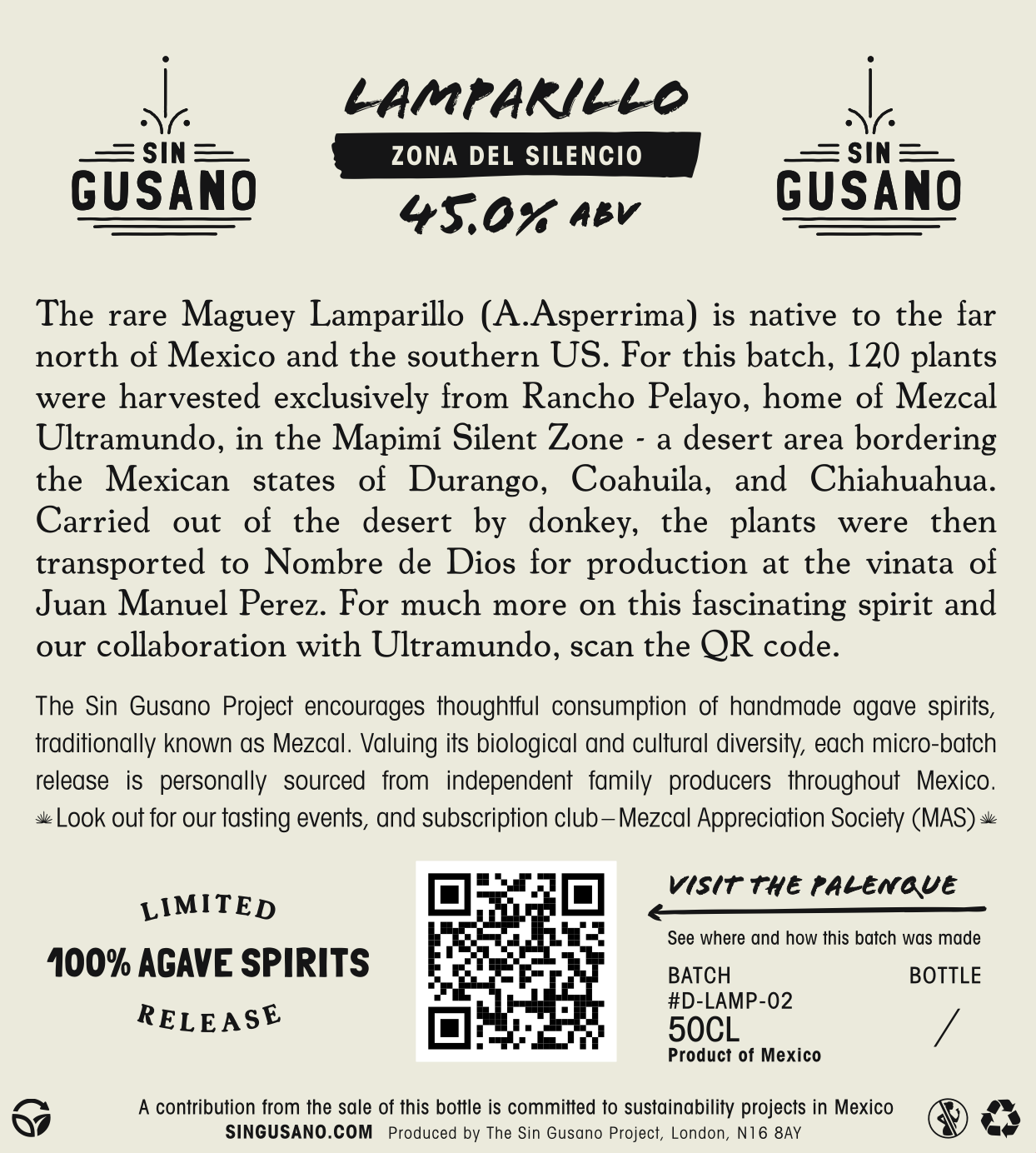 Back label for the Lamparillo - Zona del Silencio Mezcal. Limited bottling available at Sin Gusano
