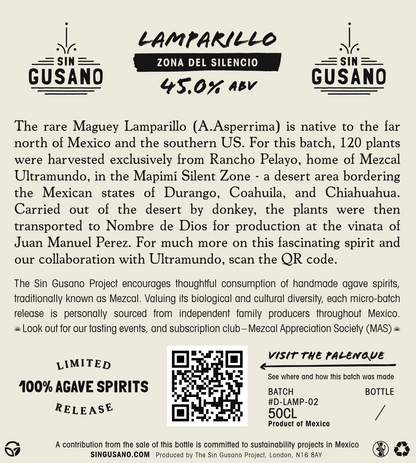 Back label for the Lamparillo - Zona del Silencio Mezcal. Limited bottling available at Sin Gusano