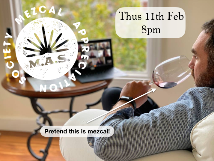 Event poster for the Mezcal Appreciation Society of a man smelling a glass of mezcal
