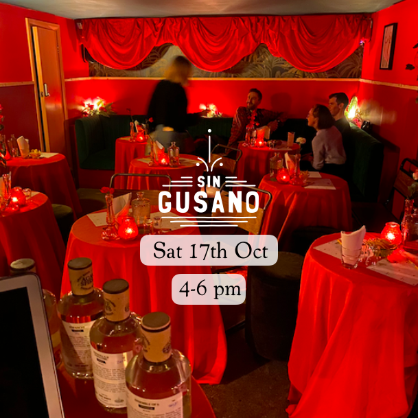 A poster showing people in the Dona restaurant. The poster is for a mezcal tasting event by The Sin Gusano project