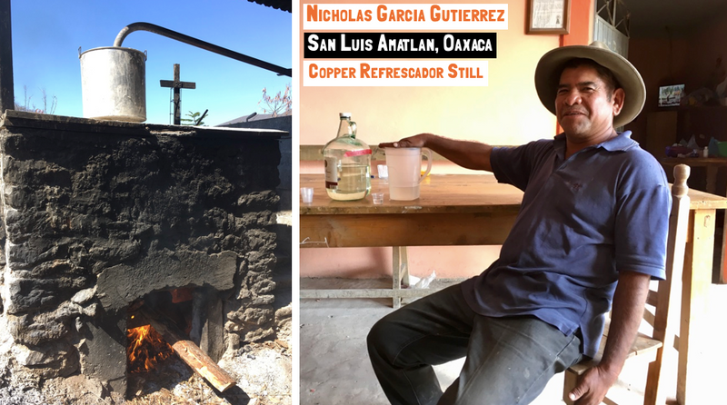 A copper pot still outside in Mexico and a man sat with a bottle of mezcal 