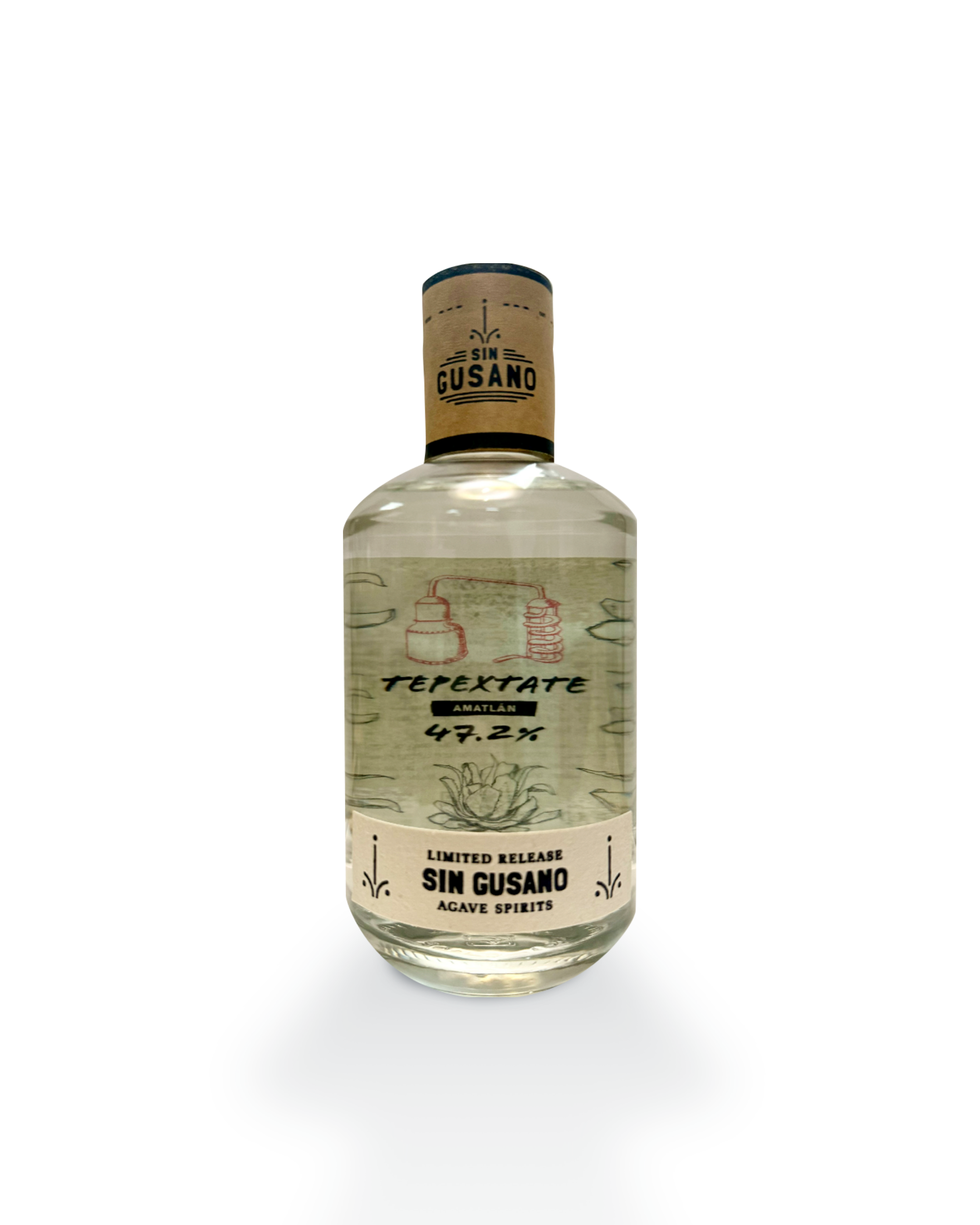 A bottle of the Tepextate mezcal exclusively bottled for limited release by the Sin Gusano project