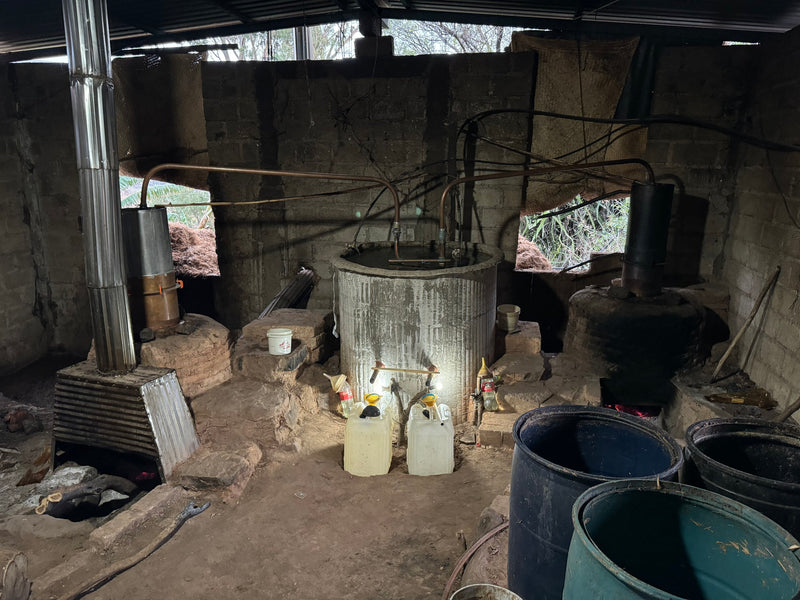 a small distillery with pot stills and barrels in a shed in Mexico making mezcal