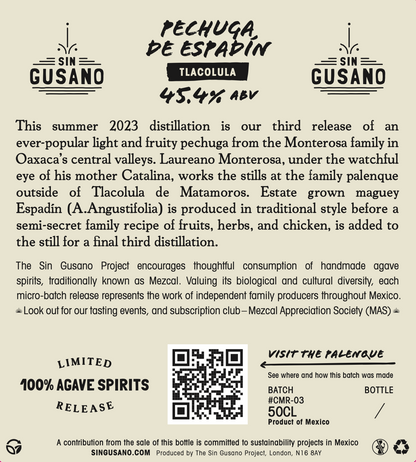 back of bottle label for the Pechuga - Tlacolula small batch Mescal available exclusively at Sin Gusano