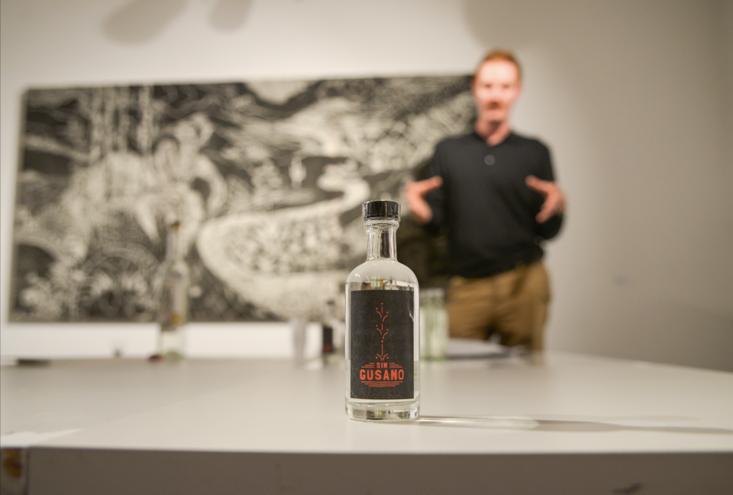 Close up of a small batch mezcal from Sin Gusano at a tasting event