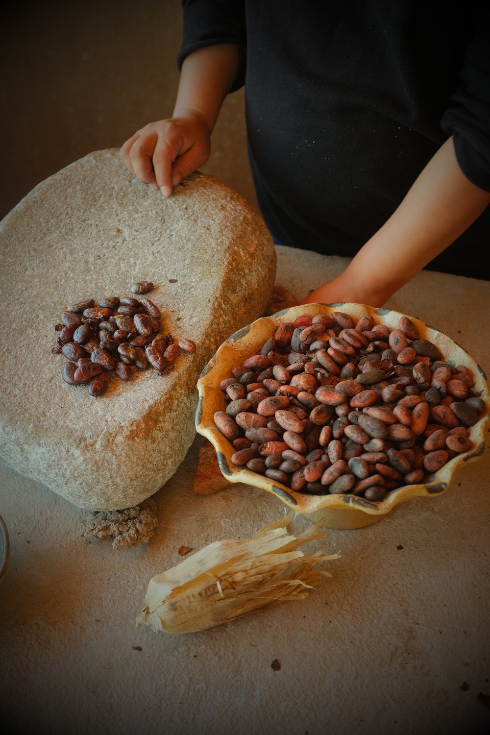 Toasted Cacao on a milling stone