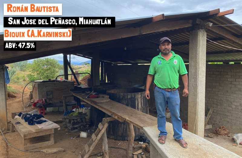 A man stood on a wooden platform in a make shift mezcal distillery in Mexico