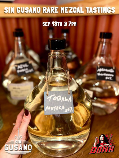 Rare Mezcal flights tasting upstairs at Dona with the Sin Gusano project