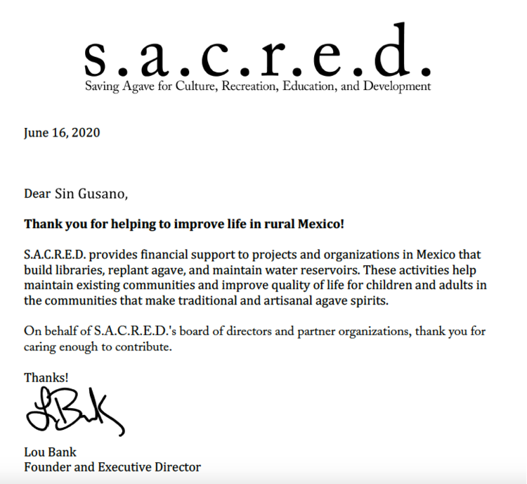 s.a.c.r.e.d. letter thanking the Sin Gusano Project for their help in improving life in rural Mexico