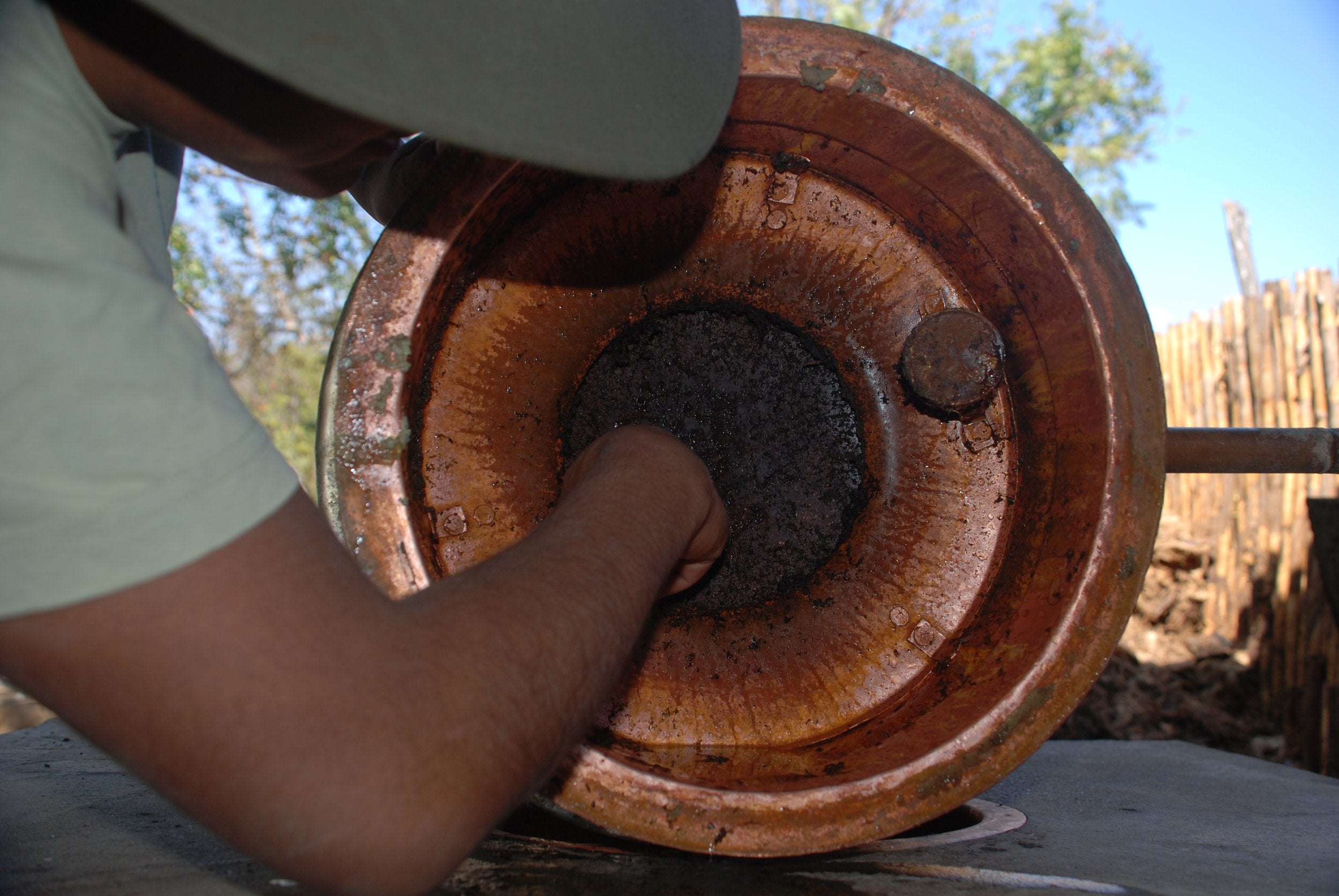 Looking up into the plated copper condensing chamber