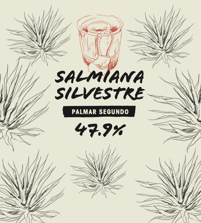 label for the Salmiana Silvestre - Palmar Segundo, San Luis Potosí. Small batch Mezcal exclusively available at Sin Gusano